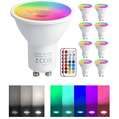 REYLAX RGB GU10 led-lamp, kleurverandering, 5 W, komt overeen met 50 W, 450 lm, koudwit, led, GU10, dimbaar, GU10-lampen, afstandsbediening, infrarood, 8 stuks REYLAX RGB GU10 led-lamp, kleurverandering, 5 W, komt overeen met 50 W, 450 lm, koudwit, led, GU10, dimbaar, GU10-lampen, afstandsbediening, infrarood, 8 stuks