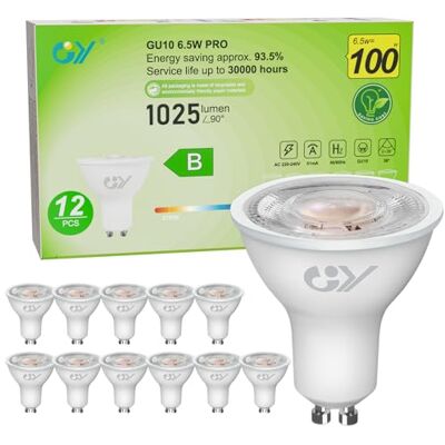 GY GU10 led-spot, klasse B, 1025 lm, warmwit, 2700 K, 6,5 W, komt overeen met 100 W, GU10, 36 graden (smalle straling), energie-efficiëntie, niet dimbaar, 12 stuks GY GU10 led-spot, klasse B, 1025 lm, warmwit, 2700 K, 6,5 W, komt overeen met 100 W, GU10, 36 graden (smalle straling), energie-efficiëntie, niet dimbaar, 12 stuks