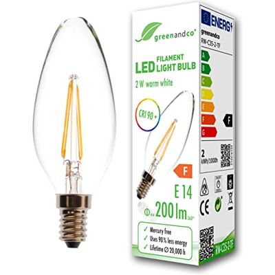 greenandco ® IRC 90+ LED-gloeilamp, E14, 2 W (komt overeen met 20 W), 200 lm, 2700 K, warm wit, 360 graden, 230 V, glas, geen flikkeren, niet dimbaar greenandco ® IRC 90+ LED-gloeilamp, E14, 2 W (komt overeen met 20 W), 200 lm, 2700 K, warm wit, 360 graden, 230 V, glas, geen flikkeren, niet dimbaar