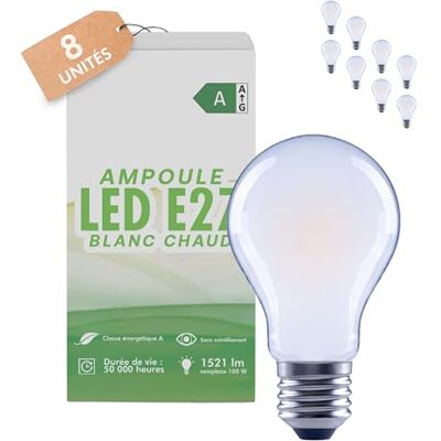 greenandco 8 x led-filamentlampen, mat, E27 A60, 7,2 W, 1521 lm, vervangt 100 W, 3000 K, warmwit, 320 graden, 230 V, flikkervrij, energieklasse A, niet dimbaar greenandco 8 x led-filamentlampen, mat, E27 A60, 7,2 W, 1521 lm, vervangt 100 W, 3000 K, warmwit, 320 graden, 230 V, flikkervrij, energieklasse A, niet dimbaar