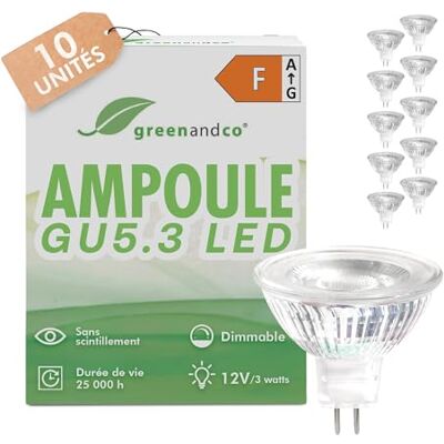 greenandco 10 x GU5.3 led-lampen, dimbaar, 12 V, 2700 K, 3 W, 250 lm, CRI GU 5.3 MR16 COB led-spot, warm wit, vervangt 28 W, 38 graden, hoge kleurweergave-index, flikkervrij greenandco 10 x GU5.3 led-lampen, dimbaar, 12 V, 2700 K, 3 W, 250 lm, CRI GU 5.3 MR16 COB led-spot, warm wit, vervangt 28 W, 38 graden, hoge kleurweergave-index, flikkervrij