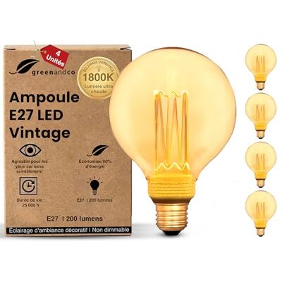 greenandco ® ledlamp, decoratief, vintage, retro, industrieel, antiek, Edison, E27, G95, 4 W, 200 lm, 1800 K, zeer warm wit, 320 graden, 230 V, geen flikkeren, niet dimbaar, 4 stuks greenandco ® ledlamp, decoratief, vintage, retro, industrieel, antiek, Edison, E27, G95, 4 W, 200 lm, 1800 K, zeer warm wit, 320 graden, 230 V, geen flikkeren, niet dimbaar, 4 stuks