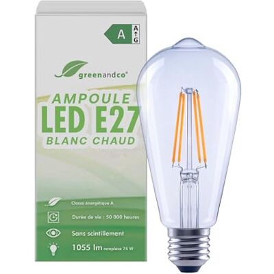 greenandco Led-filamentlamp, transparant, E27, ST64, 5 W, 1055 lm, vervangt 75 W, 2700 K, warmwit, 320 graden, 230 V, flikkervrij, energieklasse A, niet dimbaar greenandco Led-filamentlamp, transparant, E27, ST64, 5 W, 1055 lm, vervangt 75 W, 2700 K, warmwit, 320 graden, 230 V, flikkervrij, energieklasse A, niet dimbaar