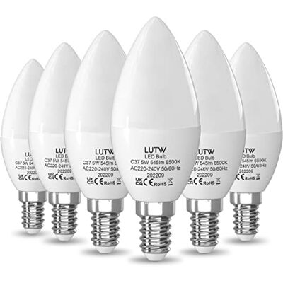 LUTW Ledlamp, E14, koudwit, 6500 K, ledkaars, C37, 5 W, komt overeen met 40 W, 545 lm, kleine E14 schroefvoet, energiebesparend met stralingshoek 160 graden, niet dimbaar, 6 stuks LUTW Ledlamp, E14, koudwit, 6500 K, ledkaars, C37, 5 W, komt overeen met 40 W, 545 lm, kleine E14 schroefvoet, energiebesparend met stralingshoek 160 graden, niet dimbaar, 6 stuks