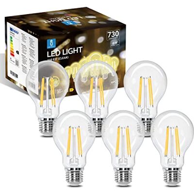Aigostar Edison LED-lamp, retro, vintage, E27, 6 W, komt overeen met 55 W halogeenlamp, 730 lumen, warm wit 2700 K, decoratieve lamp A60, hoek van 330 graden, CRI ≥ 80, 6 stuks Aigostar Edison LED-lamp, retro, vintage, E27, 6 W, komt overeen met 55 W halogeenlamp, 730 lumen, warm wit 2700 K, decoratieve lamp A60, hoek van 330 graden, CRI ≥ 80, 6 stuks