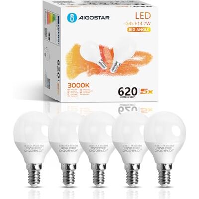 Aigostar Ledlamp E14 G45, 7 W verbruikt komt overeen met 49 W, warm licht 3000 K, 620 lumen, hoek van 180 graden, CRI ≥ 80, 5 stuks met doos Aigostar Ledlamp E14 G45, 7 W verbruikt komt overeen met 49 W, warm licht 3000 K, 620 lumen, hoek van 180 graden, CRI ≥ 80, 5 stuks met doos