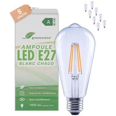 greenandco 8 x led-filamentlampen, transparant, E27 ST64, 5 W, 1055 lm, vervangt 75 W, 2700 K, warmwit, 320 graden, 230 V, flikkervrij, energieklasse A, niet dimbaar greenandco 8 x led-filamentlampen, transparant, E27 ST64, 5 W, 1055 lm, vervangt 75 W, 2700 K, warmwit, 320 graden, 230 V, flikkervrij, energieklasse A, niet dimbaar