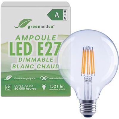 greenandco Led-filamentlamp, transparant, dimbaar, E27, G95, 7,2 W, 1521 lm, vervangt 100 W, 3000 K, warmwit, 320 graden, 230 V, flikkervrij, energieklasse A greenandco Led-filamentlamp, transparant, dimbaar, E27, G95, 7,2 W, 1521 lm, vervangt 100 W, 3000 K, warmwit, 320 graden, 230 V, flikkervrij, energieklasse A