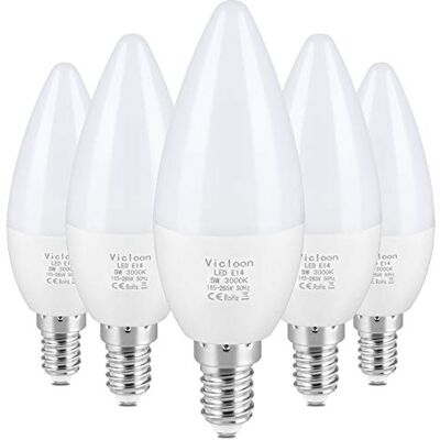 Vicloon 5 stuks E14 ledlampen, warm wit, 5,5 W, 3000 K, warm wit, 500 lumen, vervangt 40 W halogeenlamp, AC 165-265 V, stralingshoek 270 graden, intensiteit Vicloon 5 stuks E14 ledlampen, warm wit, 5,5 W, 3000 K, warm wit, 500 lumen, vervangt 40 W halogeenlamp, AC 165-265 V, stralingshoek 270 graden, intensiteit