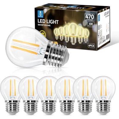 Aigostar Ledlamp filament E27, warmwit, 2700 K, 470 lm, 4 W, komt overeen met gloeilamp, 40 W, G45, hoek van 360 graden, niet dimbaar, 6 stuks Aigostar Ledlamp filament E27, warmwit, 2700 K, 470 lm, 4 W, komt overeen met gloeilamp, 40 W, G45, hoek van 360 graden, niet dimbaar, 6 stuks