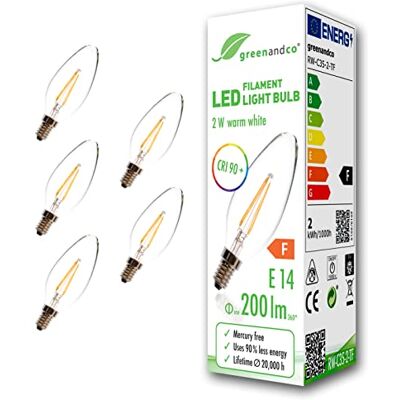 greenandco ® CRI 90+ led-gloeilamp, E14, 2 W (komt overeen met 20 W), 200 lm, 2700 K, warm wit, 360 graden, 230 V, glas, geen flikkeren, niet dimbaar, 5 stuks greenandco ® CRI 90+ led-gloeilamp, E14, 2 W (komt overeen met 20 W), 200 lm, 2700 K, warm wit, 360 graden, 230 V, glas, geen flikkeren, niet dimbaar, 5 stuks