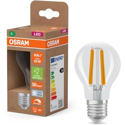 OSRAM energieklasse in de vorm van een gloeilamp, 3,8 W/806 lm, EEK A, koud wit licht (4000 K), CRI 80, loodvrij helder glas, E27-fitting, IP20, 60 mm DM, 6-pak OSRAM energieklasse in de vorm van een gloeilamp, 3,8 W/806 lm, EEK A, koud wit licht (4000 K), CRI 80, loodvrij helder glas, E27-fitting, IP20, 60 mm DM, 6-pak