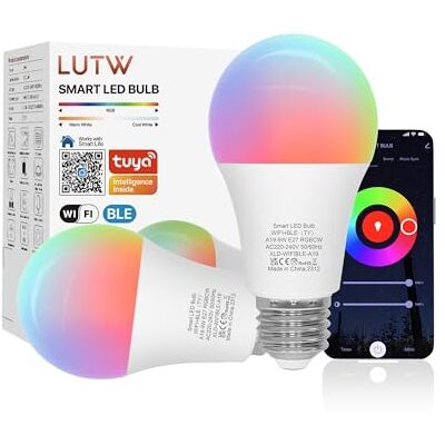 LUTW Slimme gloeilamp, E27 ledlamp, meerkleurig, 2700 K-6500 K, RGB, dimbaar, intelligente lamp, compatibel met Alexa en Google Home, 9 W, 900 lm, Bluetooth en wifi 2,4 GHz, 2 stuks (geen hub nodig) LUTW Slimme gloeilamp, E27 ledlamp, meerkleurig, 2700 K-6500 K, RGB, dimbaar, intelligente lamp, compatibel met Alexa en Google Home, 9 W, 900 lm, Bluetooth en wifi 2,4 GHz, 2 stuks (geen hub nodig)