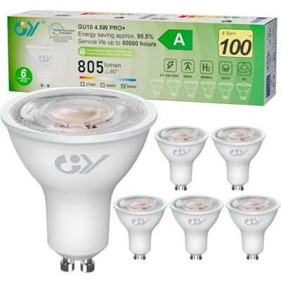 GY GU10 led-spot, klasse A, 805 lm, koudwit, 6500 K, 4,5 W, komt overeen met 100 W, GU10, 36 graden (smalle straal), energie-efficiëntie, niet dimbaar, 6 stuks GY GU10 led-spot, klasse A, 805 lm, koudwit, 6500 K, 4,5 W, komt overeen met 100 W, GU10, 36 graden (smalle straal), energie-efficiëntie, niet dimbaar, 6 stuks