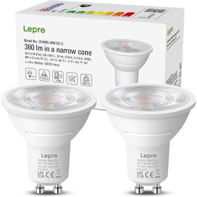 Lepro Ledlamp GU10 klasse A, 360 lm, warm wit, 2700 K, 2 W komt overeen met 50 W, GU10 led-spot, 38 graden straling, praktische straal, GU10-lampen, niet dimbaar, energiebesparend, 2 stuks Lepro Ledlamp GU10 klasse A, 360 lm, warm wit, 2700 K, 2 W komt overeen met 50 W, GU10 led-spot, 38 graden straling, praktische straal, GU10-lampen, niet dimbaar, energiebesparend, 2 stuks