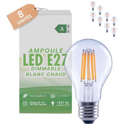 greenandco 8 x transparante led-filamentlampen, dimbaar, E27 A60, 7,2 W, 1521 lm, vervangt 100 W, 3000 K, warmwit, 320 graden, 230 V, flikkervrij, energieklasse A greenandco 8 x transparante led-filamentlampen, dimbaar, E27 A60, 7,2 W, 1521 lm, vervangt 100 W, 3000 K, warmwit, 320 graden, 230 V, flikkervrij, energieklasse A