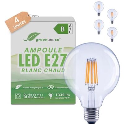 greenandco 4 x led-filamentlampen, transparant, CRI 90+, E27 G95, 7,2 W, 1335 lm, vervangt 90 W, 3000 K, warmwit, 320 graden, 230 V, flikkervrij, energieklasse B, niet dimbaar greenandco 4 x led-filamentlampen, transparant, CRI 90+, E27 G95, 7,2 W, 1335 lm, vervangt 90 W, 3000 K, warmwit, 320 graden, 230 V, flikkervrij, energieklasse B, niet dimbaar