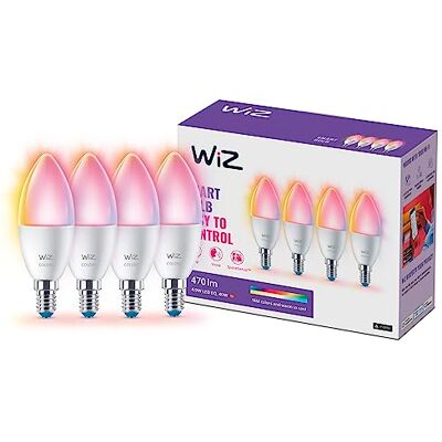WiZ Kaarslamp 4 stuks – gekleurd en wit licht – Slimme led-verlichting – E14 fitting – 40 W – mat – wifi WiZ Kaarslamp 4 stuks – gekleurd en wit licht – Slimme led-verlichting – E14 fitting – 40 W – mat – wifi