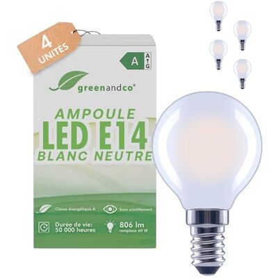 greenandco 4 x led-filamentlampen, mat, E14 G45, 3,8 W, 806 lm, vervangt 60 W, 4000 K, neutraal wit, 320 graden, 230 V, flikkervrij, energieklasse A, niet dimbaar Ampoule E14 remplace 60W, 4000K, angle de diffusion 320°, sans scintillement, classe énerg greenandco 4 x led-filamentlampen, mat, E14 G45, 3,8 W, 806 lm, vervangt 60 W, 4000 K, neutraal wit, 320 graden, 230 V, flikkervrij, energieklasse A, niet dimbaar Ampoule E14 remplace 60W, 4000K, angle de diffusion 320°, sans scintillement, classe énerg