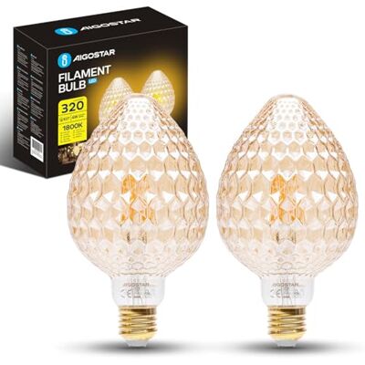 Aigostar Ledlampen, E27, 4 W, warm wit, 1800 K, 320 lumen, decoratief: gefacetteerde aardbei, vintage stijl, Edison-filament, barnsteenkleuren, niet dimbaar, 2 stuks Aigostar Ledlampen, E27, 4 W, warm wit, 1800 K, 320 lumen, decoratief: gefacetteerde aardbei, vintage stijl, Edison-filament, barnsteenkleuren, niet dimbaar, 2 stuks