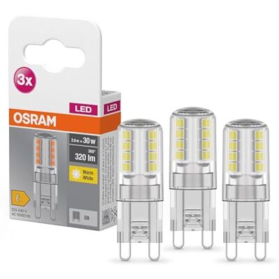 OSRAM ledbasis pin G9, set van 3 ledlampen met G9-fitting, 2,60 W = 30 W gloeilamp, helder, warm wit, 2700 K OSRAM ledbasis pin G9, set van 3 ledlampen met G9-fitting, 2,60 W = 30 W gloeilamp, helder, warm wit, 2700 K
