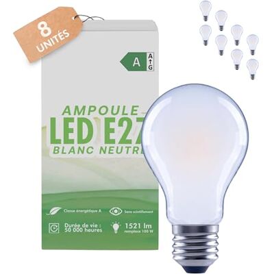 greenandco 8 x led-filamentlampen, mat, E27 A60, 7,2 W, 1521 lm, vervangt 100 W, 4000 K, neutraal wit, 320 graden, 230 V, flikkervrij, energieklasse A, niet dimbaar greenandco 8 x led-filamentlampen, mat, E27 A60, 7,2 W, 1521 lm, vervangt 100 W, 4000 K, neutraal wit, 320 graden, 230 V, flikkervrij, energieklasse A, niet dimbaar