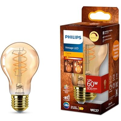 Philips Amber Spiraal Vintage lamp A60, dimbaar, flikkervrij, EyeComfort, 806 lumen, temperatuur 2200 K, 7,3 W = 60 W, E27-fitting, 1 stuk Philips Amber Spiraal Vintage lamp A60, dimbaar, flikkervrij, EyeComfort, 806 lumen, temperatuur 2200 K, 7,3 W = 60 W, E27-fitting, 1 stuk