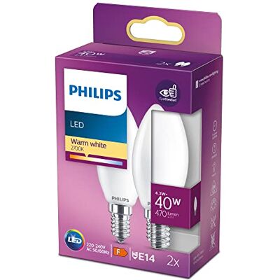 Philips Ledlampen, E14, 40 W, warmwit, mat, glas, 2 stuks Philips Ledlampen, E14, 40 W, warmwit, mat, glas, 2 stuks