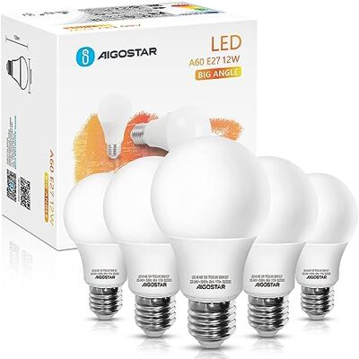 Aigostar Ledlampen A60 12W E27 Fitting LED-lamp Warm Wit licht 3000K 984 lumen Energiezuinige LED-verlichting Set van 5 Aigostar Ledlampen A60 12W E27 Fitting LED-lamp Warm Wit licht 3000K 984 lumen Energiezuinige LED-verlichting Set van 5