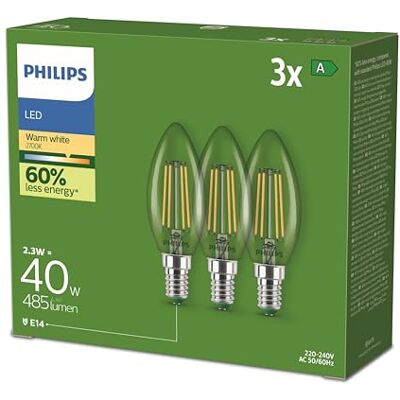 Philips UltraEfficient LED-lamp transparant – 40 W – E14 fitting – warmwit licht; 2700 K – Ultra efficiënt: Energielabel A – 3 stuks Philips UltraEfficient LED-lamp transparant – 40 W – E14 fitting – warmwit licht; 2700 K – Ultra efficiënt: Energielabel A – 3 stuks
