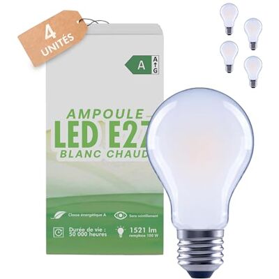 greenandco 4 x led-filamentlampen, mat, E27 A60, 7,2 W, 1521 lm, vervangt 100 W, 3000 K, warmwit, 320 graden, 230 V, flikkervrij, energieklasse A, niet dimbaar greenandco 4 x led-filamentlampen, mat, E27 A60, 7,2 W, 1521 lm, vervangt 100 W, 3000 K, warmwit, 320 graden, 230 V, flikkervrij, energieklasse A, niet dimbaar
