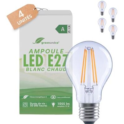 greenandco 4 x led-filamentlampen, transparant, E27 A60, 5 W, 1055 lm, vervangt 75 W, 2700 K, warmwit, 320 graden, 230 V, flikkervrij, energieklasse A, niet dimbaar greenandco 4 x led-filamentlampen, transparant, E27 A60, 5 W, 1055 lm, vervangt 75 W, 2700 K, warmwit, 320 graden, 230 V, flikkervrij, energieklasse A, niet dimbaar