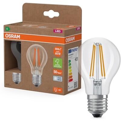 OSRAM Energieklasse in de vorm van een klassieke gloeilamp, 3,8 W/806 lm, EEK A, koud wit licht (4000 K), CRI 80, van transparant loodvrij glas, E27-fitting, IP20, diameter 60 mm. OSRAM Energieklasse in de vorm van een klassieke gloeilamp, 3,8 W/806 lm, EEK A, koud wit licht (4000 K), CRI 80, van transparant loodvrij glas, E27-fitting, IP20, diameter 60 mm.