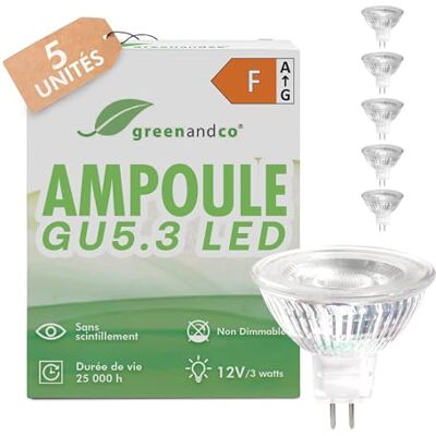 greenandco 5x ® LED Spot MR16 GU5.3 3W vervangt 35W 300lm 2700K warm wit COB LED 38° 12V AC/DC niet dimbaar Ampoule Spot LED GU 5.3 MR16 COB, blanc chaud, remplace 35W, angle de diffusion 38°, sans scintillement greenandco 5x ® LED Spot MR16 GU5.3 3W vervangt 35W 300lm 2700K warm wit COB LED 38° 12V AC/DC niet dimbaar Ampoule Spot LED GU 5.3 MR16 COB, blanc chaud, remplace 35W, angle de diffusion 38°, sans scintillement