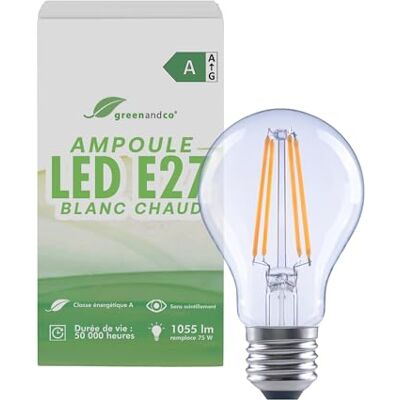 greenandco Led-filamentlamp, transparant, E27, A60, 5 W, 1055 lm, vervangt 75 W, 2700 K, warmwit, 320 graden, 230 V, flikkervrij, energieklasse A, niet dimbaar greenandco Led-filamentlamp, transparant, E27, A60, 5 W, 1055 lm, vervangt 75 W, 2700 K, warmwit, 320 graden, 230 V, flikkervrij, energieklasse A, niet dimbaar