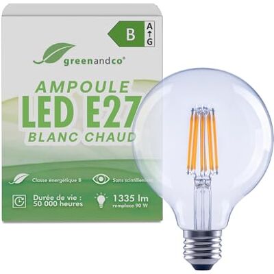 greenandco Led-filamentlamp, transparant, CRI 90+, E27 G95, 7,2 W, 1335 lm, vervangt 90 W, 3000 K, warmwit, 320 graden, 230 V, flikkervrij, energieklasse B, niet dimbaar greenandco Led-filamentlamp, transparant, CRI 90+, E27 G95, 7,2 W, 1335 lm, vervangt 90 W, 3000 K, warmwit, 320 graden, 230 V, flikkervrij, energieklasse B, niet dimbaar