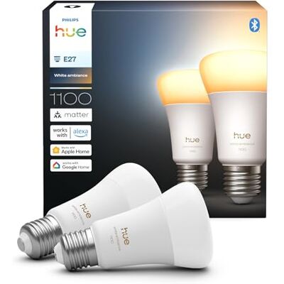 Philips White Ambiance Ledlamp, A60, E27-fitting, 8,1 W, volledig spectrum 1000-2000 K, 1100 lumen, dimbaar, compatibel met Alexa, Google Assistant en Apple Home, 2 stuks Philips White Ambiance Ledlamp, A60, E27-fitting, 8,1 W, volledig spectrum 1000-2000 K, 1100 lumen, dimbaar, compatibel met Alexa, Google Assistant en Apple Home, 2 stuks