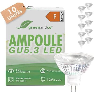 greenandco 10x ®, IRC 90+, LED-spot, MR16, GU5.3, 5 W, vervangt 40 W, 400 lm, 3000 K, warmwit, COB LED, 38 graden, 12 V AC/DC, niet dimbaar greenandco 10x ®, IRC 90+, LED-spot, MR16, GU5.3, 5 W, vervangt 40 W, 400 lm, 3000 K, warmwit, COB LED, 38 graden, 12 V AC/DC, niet dimbaar