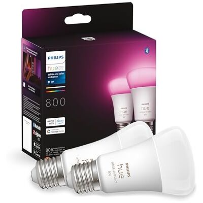 Philips White & Color Ambiance Ledlampen, E27, komt overeen met 60 W, 800 lumen, compatibel met Bluetooth, 2 stuks, werkt met Alexa, Google Assistant en Apple Homekit Philips White & Color Ambiance Ledlampen, E27, komt overeen met 60 W, 800 lumen, compatibel met Bluetooth, 2 stuks, werkt met Alexa, Google Assistant en Apple Homekit