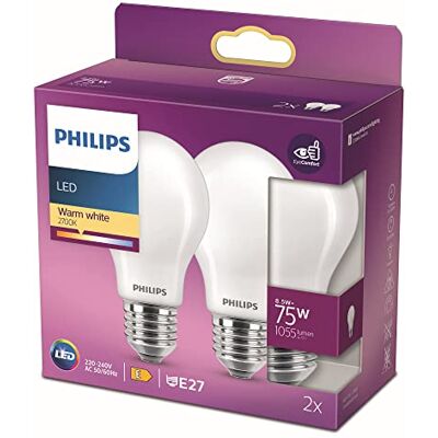 Philips Ledlamp, 2 stuks, warmwit licht, E27-75 W, mat, energiezuinige ledverlichting Philips Ledlamp, 2 stuks, warmwit licht, E27-75 W, mat, energiezuinige ledverlichting