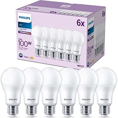 Philips Ledlamp E27, koelwit licht, 100 W, mat, 6 lampen Philips Ledlamp E27, koelwit licht, 100 W, mat, 6 lampen