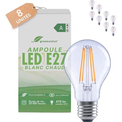 greenandco 8 x led-filamentlampen, transparant, E27 A60, 2,2 W, 470 lm, vervangt 40 W, 2700 K, warmwit, 320 graden, 230 V, flikkervrij, energieklasse A, niet dimbaar greenandco 8 x led-filamentlampen, transparant, E27 A60, 2,2 W, 470 lm, vervangt 40 W, 2700 K, warmwit, 320 graden, 230 V, flikkervrij, energieklasse A, niet dimbaar