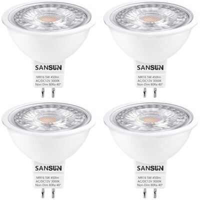 SANSUN MR16 Ledlamp, GU5.3, 5 W, licht 450 lm, komt overeen met 50 W, halogeenlamp, warmwit, 3000 K, AC/DC 12 V, niet dimbaar, spot (4 stuks) SANSUN MR16 Ledlamp, GU5.3, 5 W, licht 450 lm, komt overeen met 50 W, halogeenlamp, warmwit, 3000 K, AC/DC 12 V, niet dimbaar, spot (4 stuks)