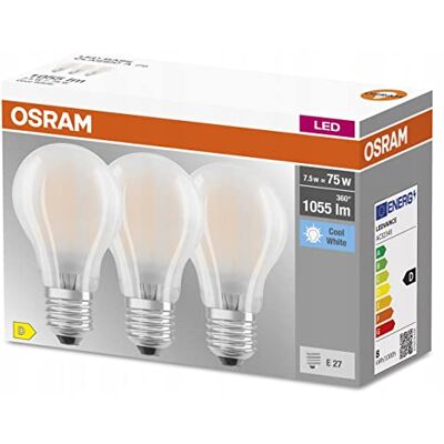 OSRAM Lamps, Poten: E27, koud wit, 4000 K, 7,50 W, vervanging voor 75 W gloeilamp, gematteerd, LED BASE CLASSIC A Set, 3 stuks, koud wit OSRAM Lamps, Poten: E27, koud wit, 4000 K, 7,50 W, vervanging voor 75 W gloeilamp, gematteerd, LED BASE CLASSIC A Set, 3 stuks, koud wit