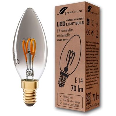 greenandco Lamp E14 Vintage C35 2W 70lm extra warm wit grijs Decoratieve lamp 1800 K, stralingshoek 360 graden, 230 V, flikkervrij, niet dimbaar, gloeilamp filament greenandco Lamp E14 Vintage C35 2W 70lm extra warm wit grijs Decoratieve lamp 1800 K, stralingshoek 360 graden, 230 V, flikkervrij, niet dimbaar, gloeilamp filament