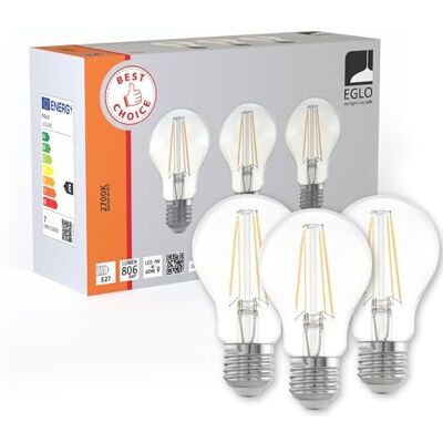EGLO Set van 3 E27 ledlampen, klassieke Edison-lamp, elk 7 watt, lumen, warm wit, 2700 Kelvin, transparant, A60, Ø 6 cm EGLO Set van 3 E27 ledlampen, klassieke Edison-lamp, elk 7 watt, lumen, warm wit, 2700 Kelvin, transparant, A60, Ø 6 cm