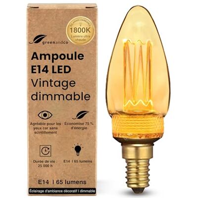 greenandco Dimbare ledlamp decoratieve vintage stijl E14 C35 amber 2,3 W 65 lm 1800 K zeer warm wit 320 ° 230 V geen flikkeren greenandco Dimbare ledlamp decoratieve vintage stijl E14 C35 amber 2,3 W 65 lm 1800 K zeer warm wit 320 ° 230 V geen flikkeren