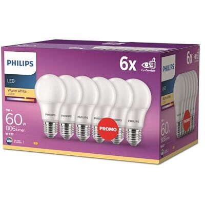 Philips LED Classic E27 lampen 6-pack (60 W), matte LED-lampen met warm wit licht, energiebesparende lampen met lange levensduur, nieuwe generatie Philips LED Classic E27 lampen 6-pack (60 W), matte LED-lampen met warm wit licht, energiebesparende lampen met lange levensduur, nieuwe generatie