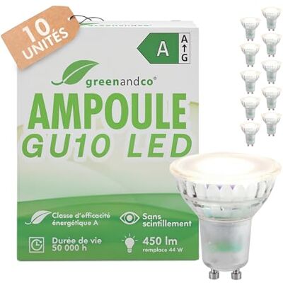 greenandco 10 x GU10 LED-lampen, vervangt 44 W, neutraal wit 4000 K, 2,5 W, 450 lm, 36 graden, flikkervrij, energie-efficiëntieklasse A, ledlamp 230 V, niet dimbaar greenandco 10 x GU10 LED-lampen, vervangt 44 W, neutraal wit 4000 K, 2,5 W, 450 lm, 36 graden, flikkervrij, energie-efficiëntieklasse A, ledlamp 230 V, niet dimbaar