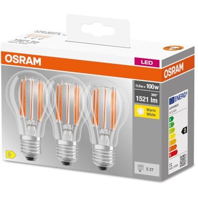 OSRAM Lamps, poten: E27, warmwit, 2700 K, 11 W, vervanging voor 100 W gloeilamp, helder, LED BASE CLASSIC A set, 3 stuks, warmwit OSRAM Lamps, poten: E27, warmwit, 2700 K, 11 W, vervanging voor 100 W gloeilamp, helder, LED BASE CLASSIC A set, 3 stuks, warmwit